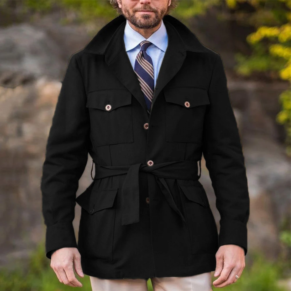 

Men's Casual Multiple Pockets Windbreaker Jacket Trench Vintage Hunting Solid Color Slim Coat Outwear Streetwear With Belt
