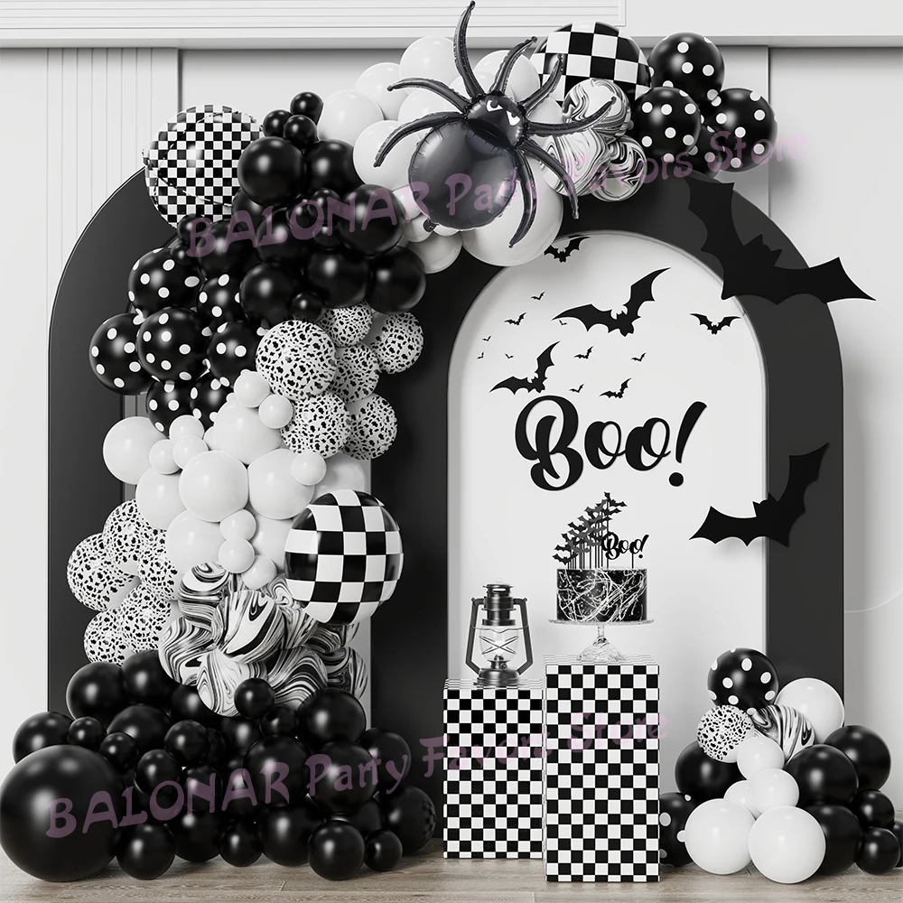 

108Pcs Halloween Balloon Wreath Arch Set 22inch Black White Grid 4D Ball Spider Aluminum Foil Balloon Halloween Party Decoration
