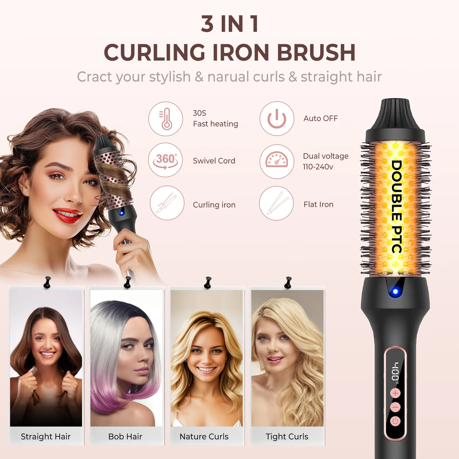 Hair Curler Hair Iron 1.5 Inch Thermal Brush Create Loose & Volume Curls Heated Curling Iron Brush 9 Heat Settings Ionic Hair Curler Curling Comb hair curler,hair iron