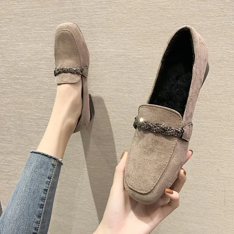 Autumn Winter Women Loafers Low Heels Boat Shoes Square Toe Dress Shoes Chain Faux Suede Plush Warm Ladies Plus Size women shoes
