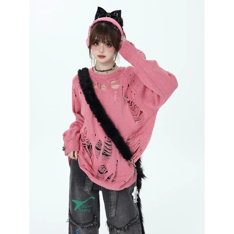 

Women's Sweaters Solid O-Neck Worn-Out Distressed Raw Edge Long Sleeve Knit Pullover Sweet Cool Spicy Girl Sweater Lady Clothing