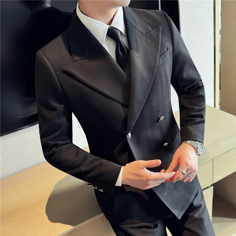 Double Breasted Blazer Jackets Men High Quality Plain Color Mens Casual Blazers Slim Fit Business Formal Wear Luxury Suit Coats