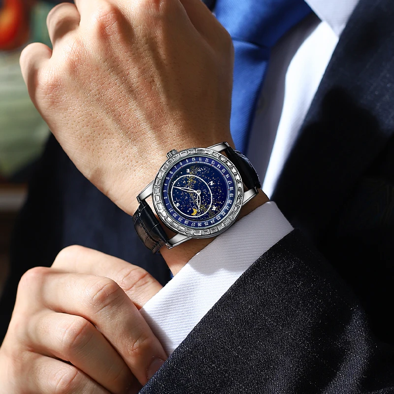 2022 New Mens Watches Luxury With Diamond Design Gypsophila Automatic Mechanical Rotate Watches Luminous Moon Phase AAA Clocks