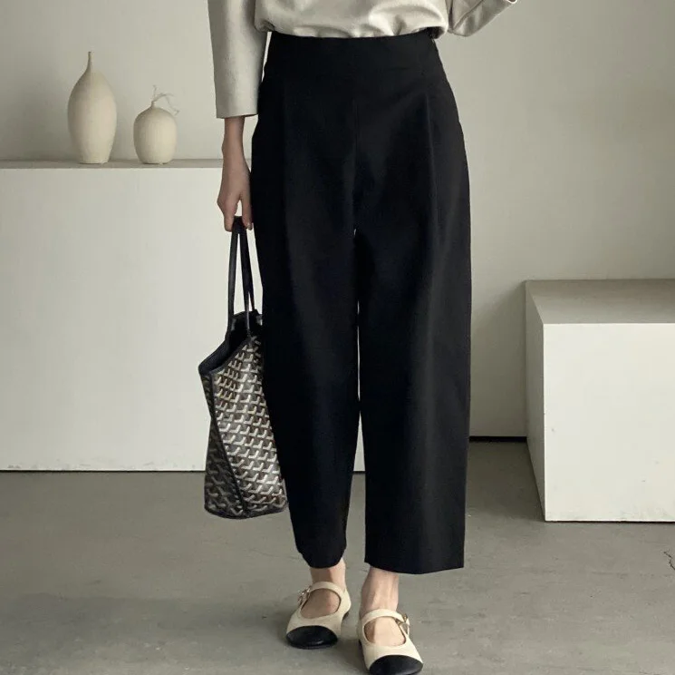 Comfortable Cotton Pants Women Spring Fall Fashion Cropped Design Invisible Zipper at Side Korean Modern Lady Trousers 2023