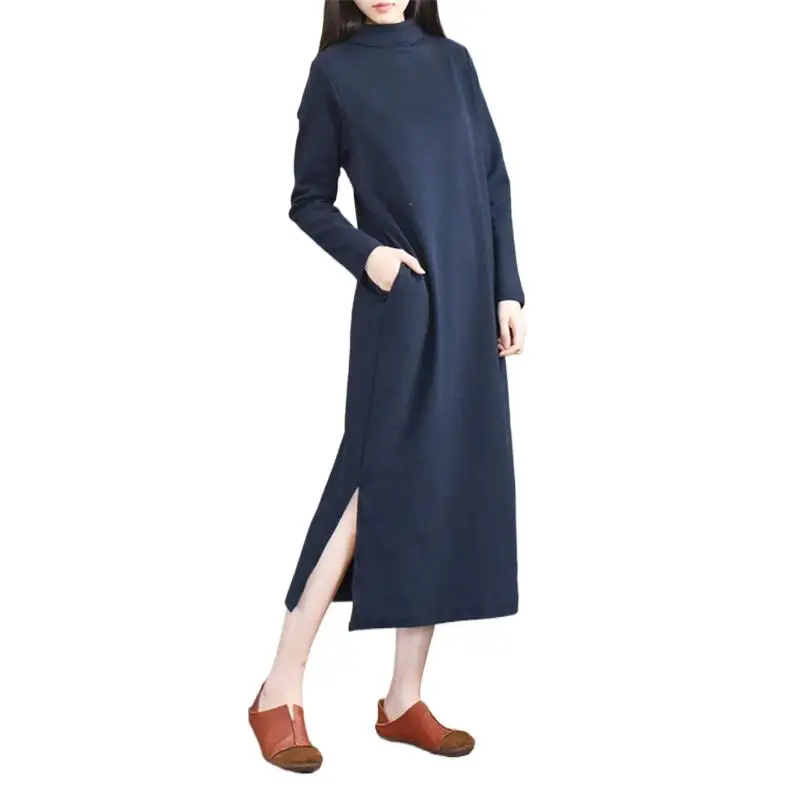 

Turtleneck Elastic Split Hem Dress Casual Loose Slim Solid Cotton A-Line Long Dress Thicken Warm Dress Vestidos roupas femininas