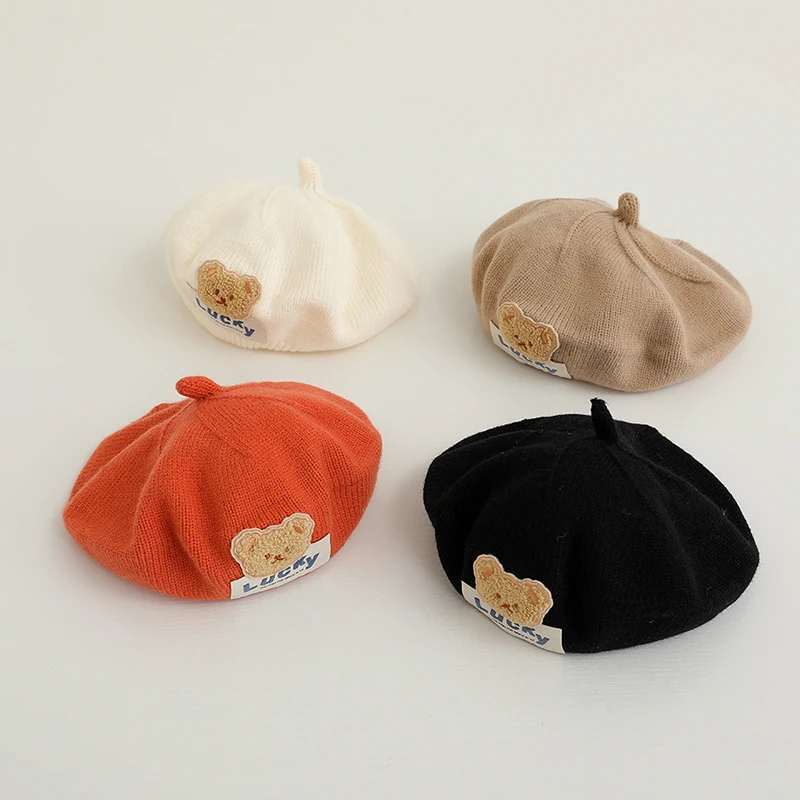 Cute Baby Berets Cartoon Bear Artist Painter Cap 6-24M Toddler Woolen Crochet Bonnet Winter Warm Knitted Hat Solid Kids Beanies 4