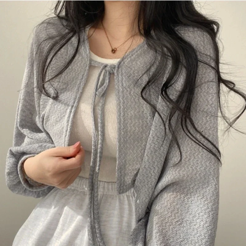 Thin White Cardigan Women Summer Sunscreen Lace-up Knitwear Tops Lady Korean Style Casual Lantern Sleeve Short Sun Protected Top 4
