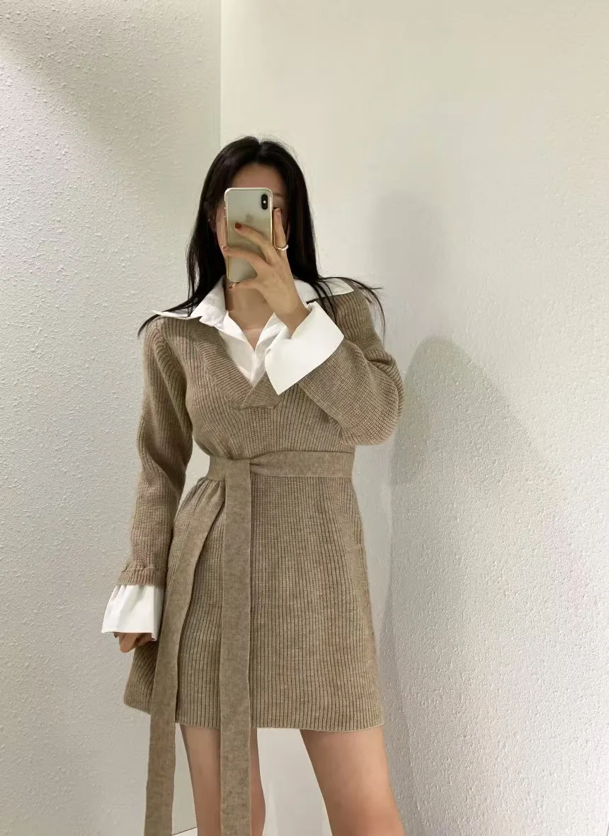 Korean Chic Mini Dresses Women Turn-down Collar Long Sleeve Shirt Patchwork Autumn Winter Knitted Dress Casual Fashion Vestidos