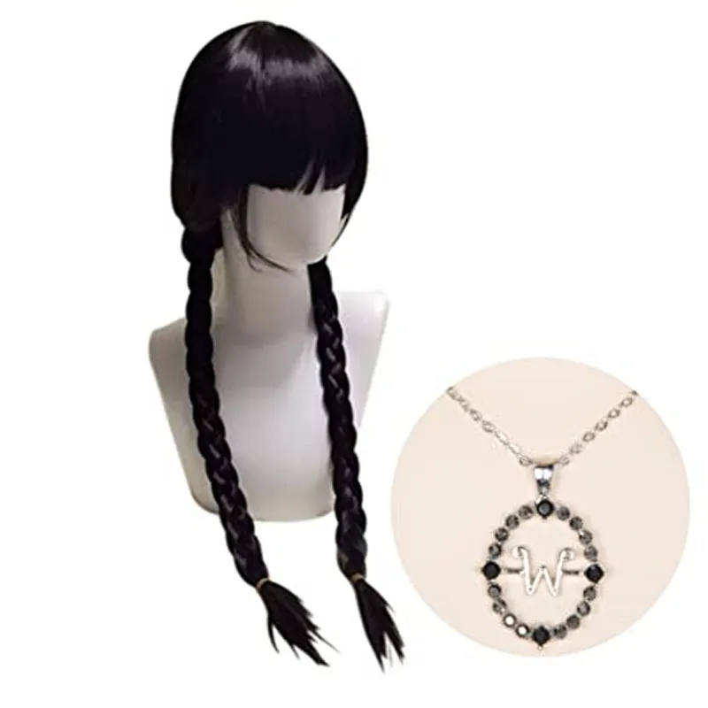

Wednesday Wig Women Girls Long Black Braids Wig with Bangs Long Pigtails Wig for Wednesday Costume Halloween Wig