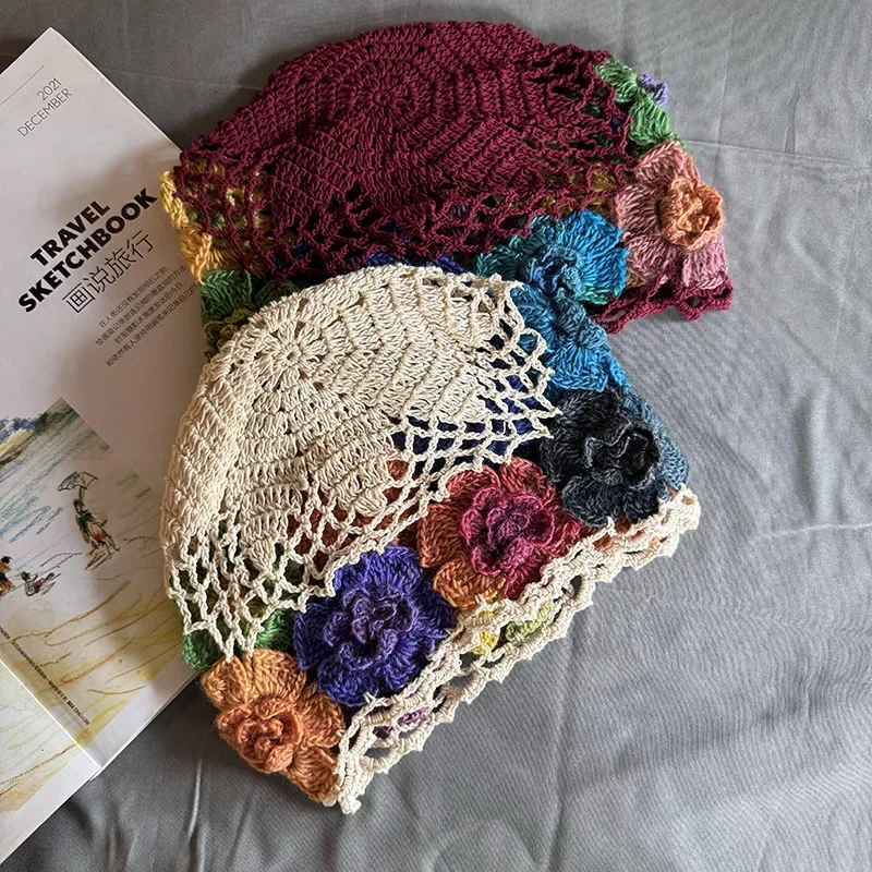 Baotou-Kappe, japanischer Frühling, literarisch, künstlerisch, bunte Blume, hohle Tasche, Kopf, Hut, Damen, süße Mode, handgehäkelt, Beanie-Kappe – Detail 3