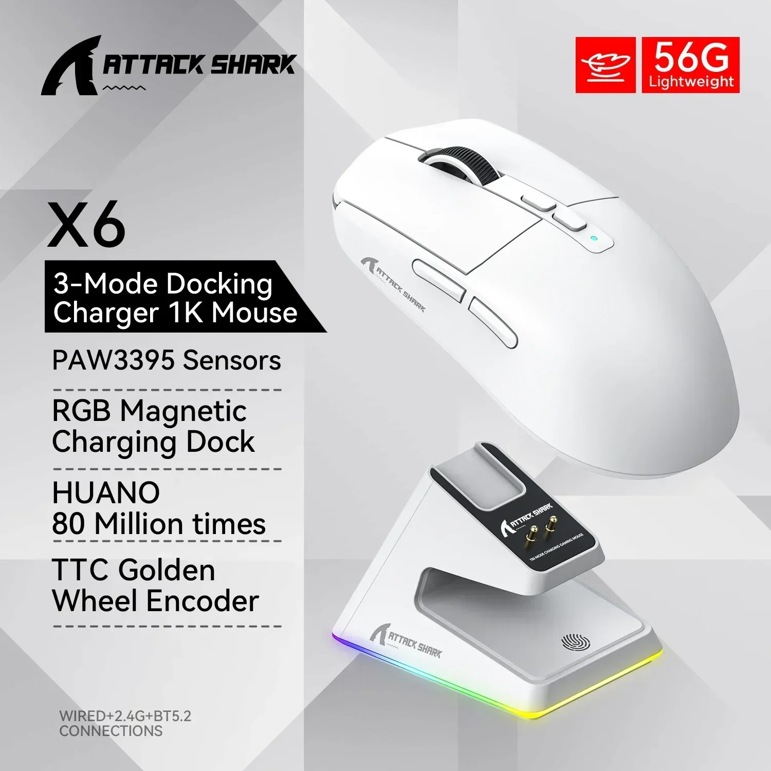 

Attack Shark X6 Three Mode Mouse BT5.2 Wireless 2.4g Wired Lightweight Gaming Mouse 26000DPI 1000HZ 650IPS 50G PAW3395 Mice