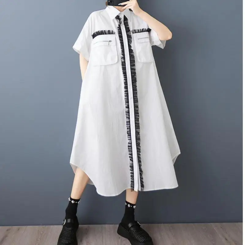 Tannt Women Dress Mesh Patchwork Color Matching Shirts Dresses Irregular Fashion Black White Summer Long Dresses 2025 New