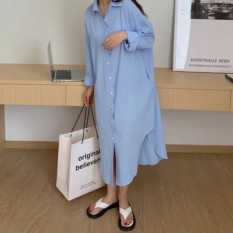 2023 new Long White Shirt Dress for Women Linen Cotton 2023 Spring Summer Casual Korean Clothing Vintage Oversized Midi Robe