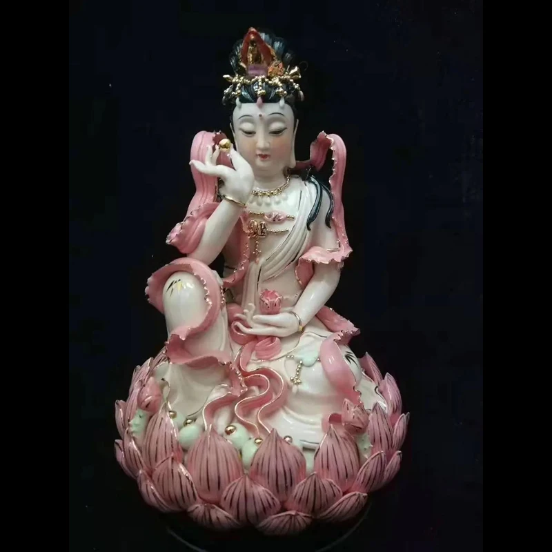 

12" Exquisite Chinese Dehua Colored Porcelain Kwan-yin Guanyin Buddha Lotus Statue/1