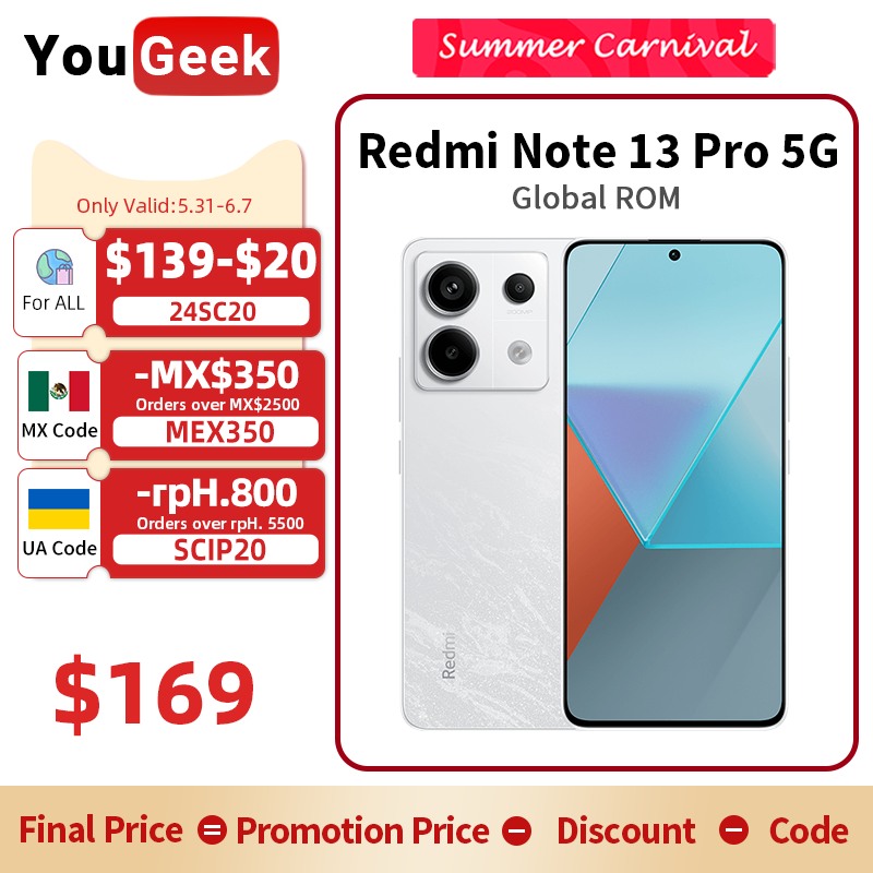  Xiaomi Redmi Note 13 Pro 5G Global ROM Smartphone Snapdragon 7S Gen 2 2.4GHz 6.67" 1.5K Display 200MP Triple OIS Camera 5100mAh 