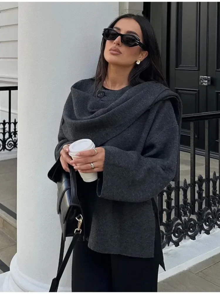 Solid Long Sleeved Short Coat With Scarf Women Loose Single Button Warm Jacket 2024 Autumn Winter Fashion Female Streetwear 2
