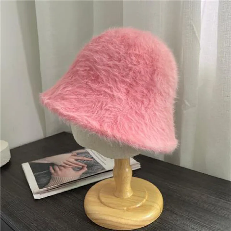 Rabbit Hair Fisherman Hat for Women Autumn-winter Basin Hat Head Round Plush Senior Sense Face Small White Bucket Hat for Women