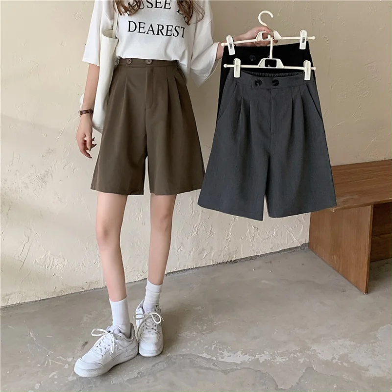Loose Casual Straight High Waist Shorts with Front Pleats Thin Streetwear Summer Clothes for Women  New Fashion Suit Shorts