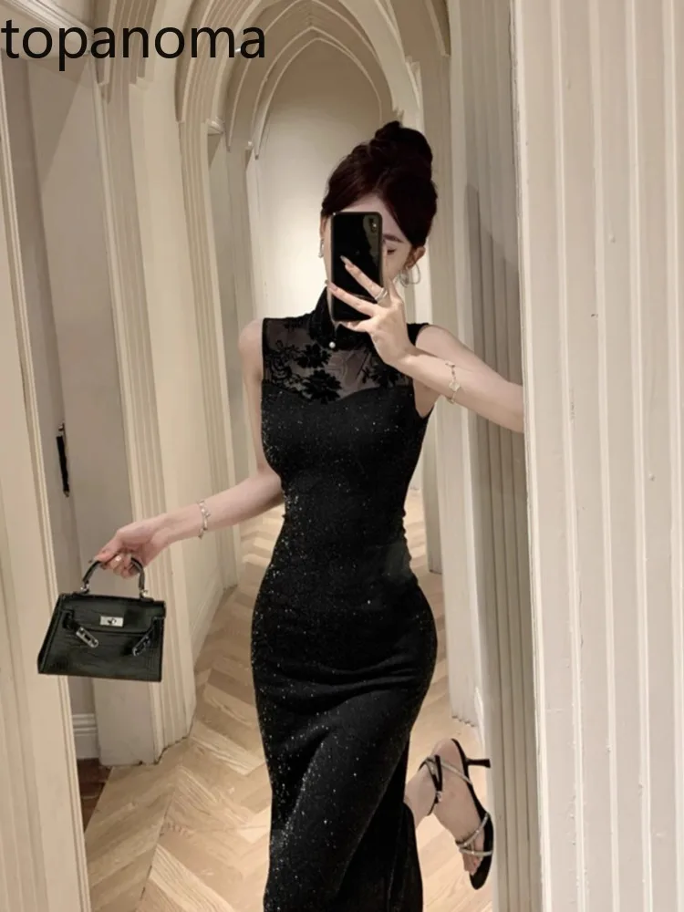 

Topanoma вечерние платья для женщин, модное блестящее шелковое лоскутное коктейльное платье без рукавов с цветами, сексуальное элегантное платье для дня рождения