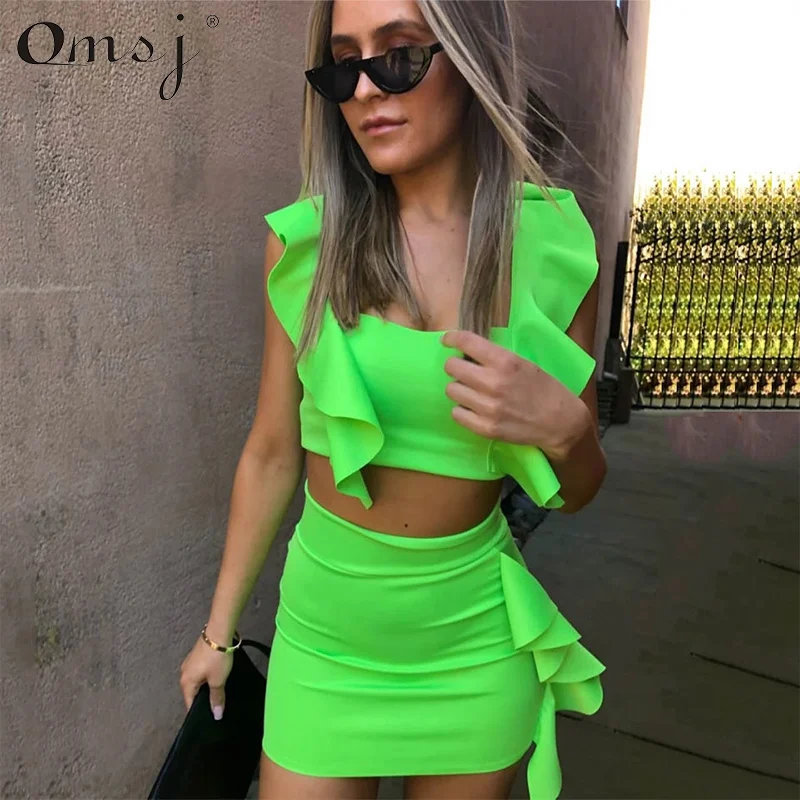 

2023 2021 Neon Pink Green Orange Ruffle Dress Summer Casual Outfit Two Piece Cropped Top Mini Dress Fashion Night Club Dress Set