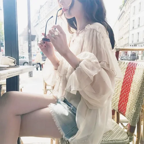 여성용 v-넥 섹시한 셔츠, 보헤미안 메쉬 블라우스, 여름용 프릴 플레어 슬리브, 우아한 페플럼 탑, 프릴, 블라우스, 13459 년 상품 3