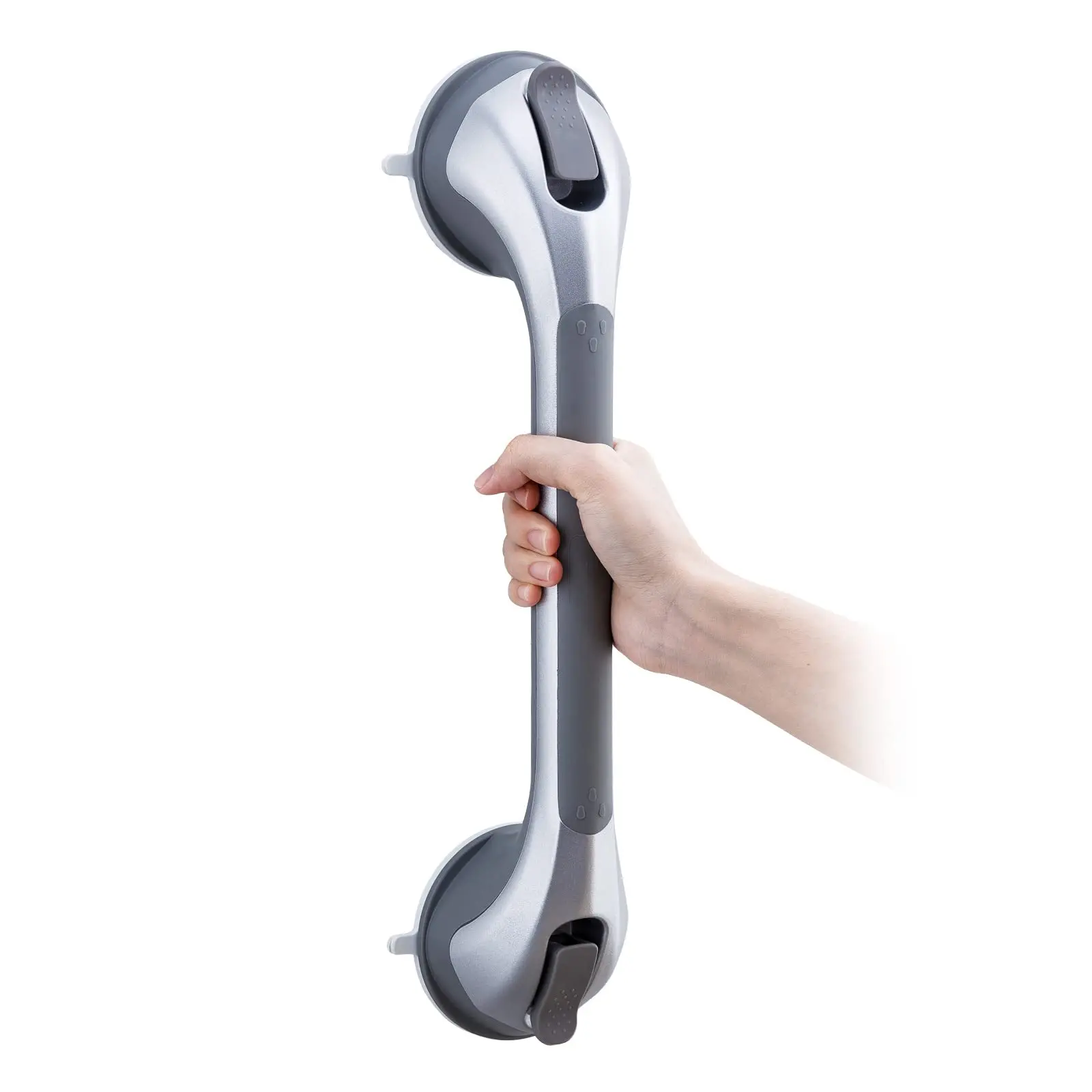 The Shower Grab Bar with Suction features an anti-slip design, which enhances grip and stability by preventing the bar from slipping, even when wet. This design helps ensure safety and reduces the risk of accidents in the shower or bath.