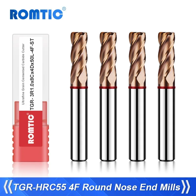

ROMTIC TGR-HRC55 Tungsten Steel Carbide For Steel Milling Cutter 4F Color-Ring Coating CNC Mechanical Round Nose Endmills Tools