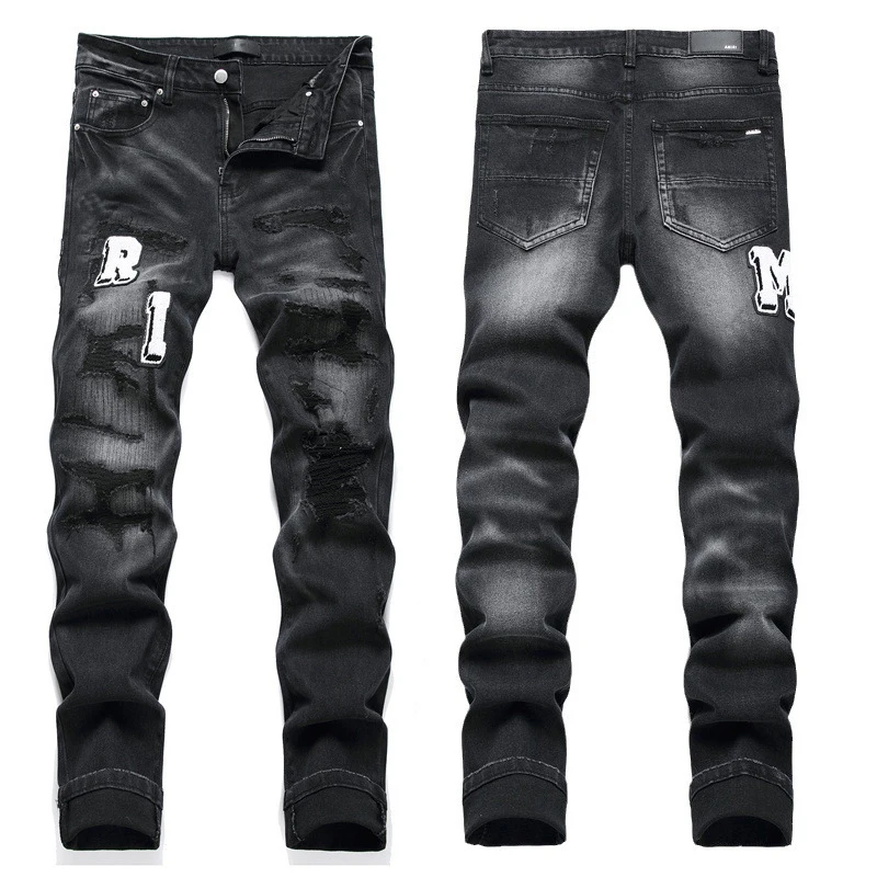 2024 new Men's jeans 3529 vintage black jeans ripped trend stretch slim fashion pants men's pants