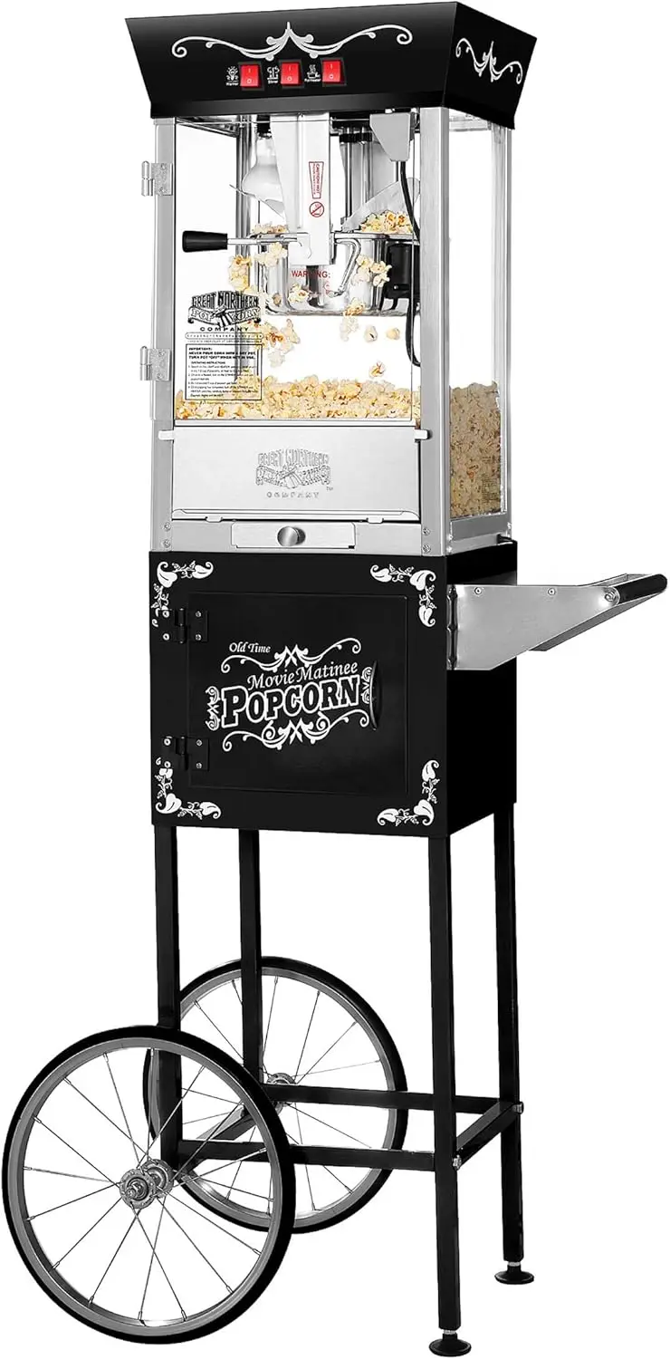 Popcorn Machine with Cart-8oz Popper with Stainless-Steel Kettle, Warming Light, and Accessories (Black)