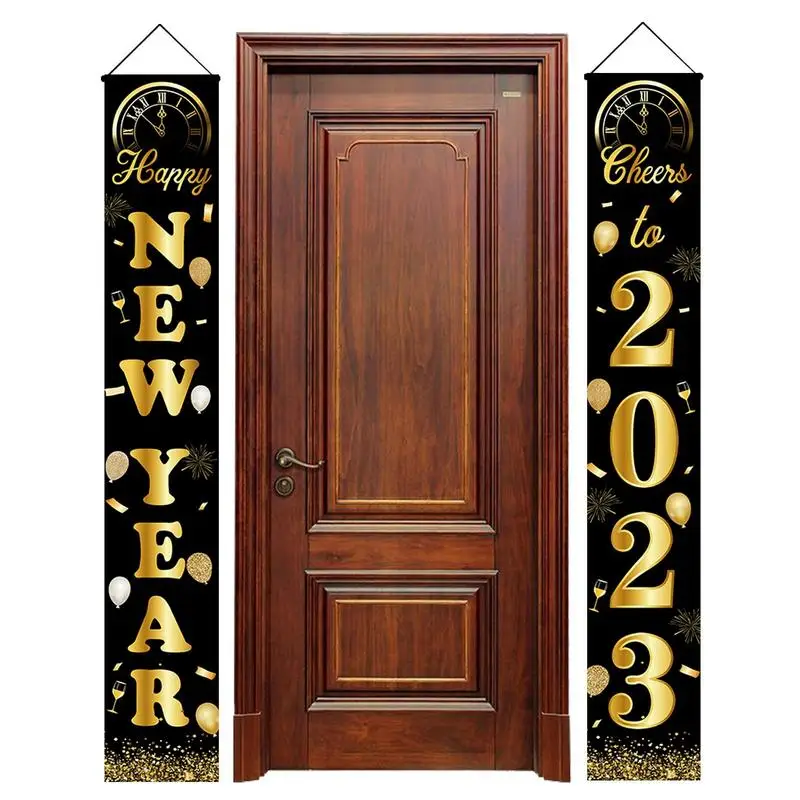 

2023 Happy New Year Couplets Black Gold Outdoor Atmosphere Decoration | New Year Party Hanging Flag Scene Decor New Year Couplet