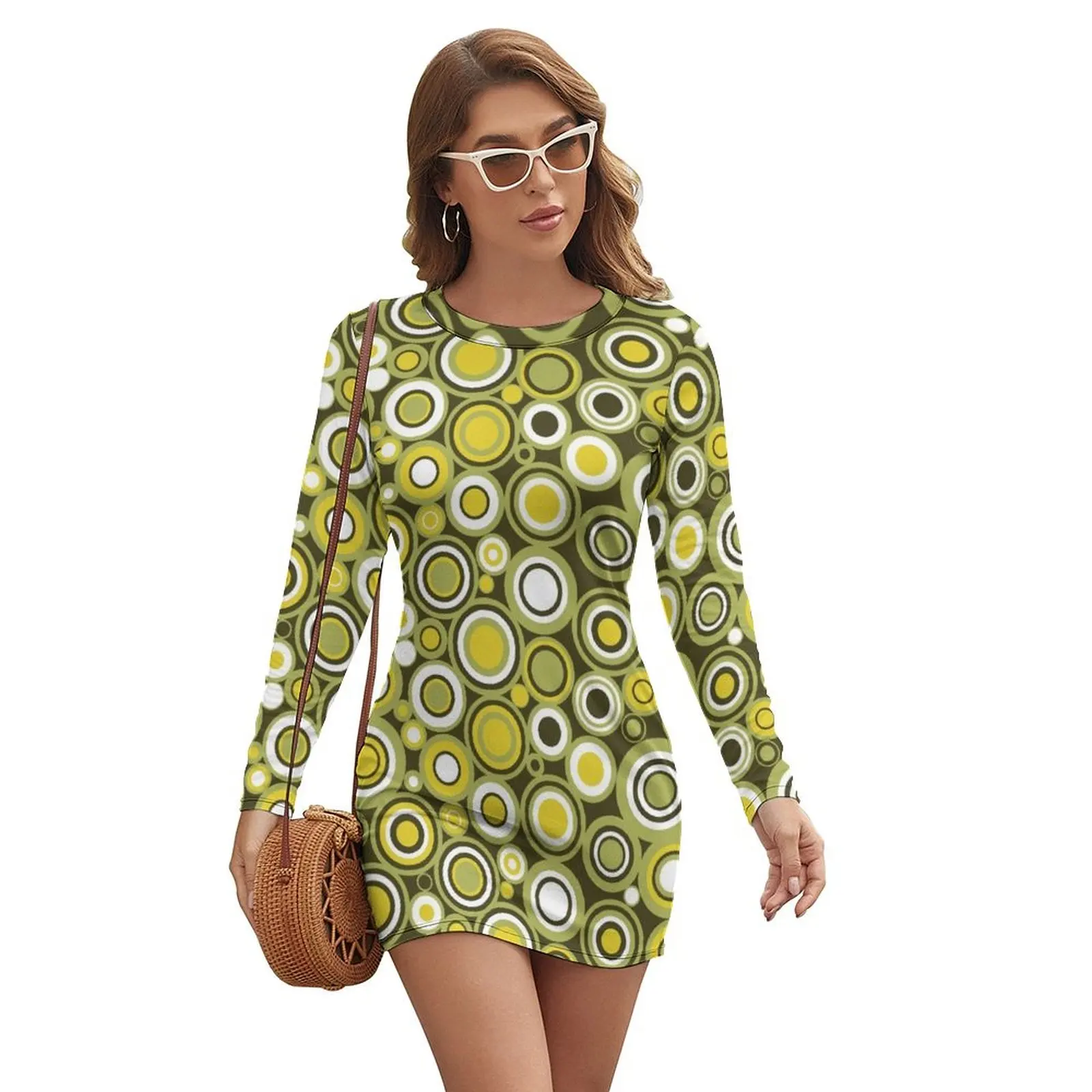 

Green, Yellow and White Circle Retro Pattern Long-sleeved Dress cocktail dresses luxury woman party dress