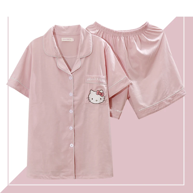 

Kawaii Sanrios Hello Kitty женская летняя одежда для сна с коротким рукавом из чистого хлопка Домашняя одежда для студентов комплект из двух предметов
