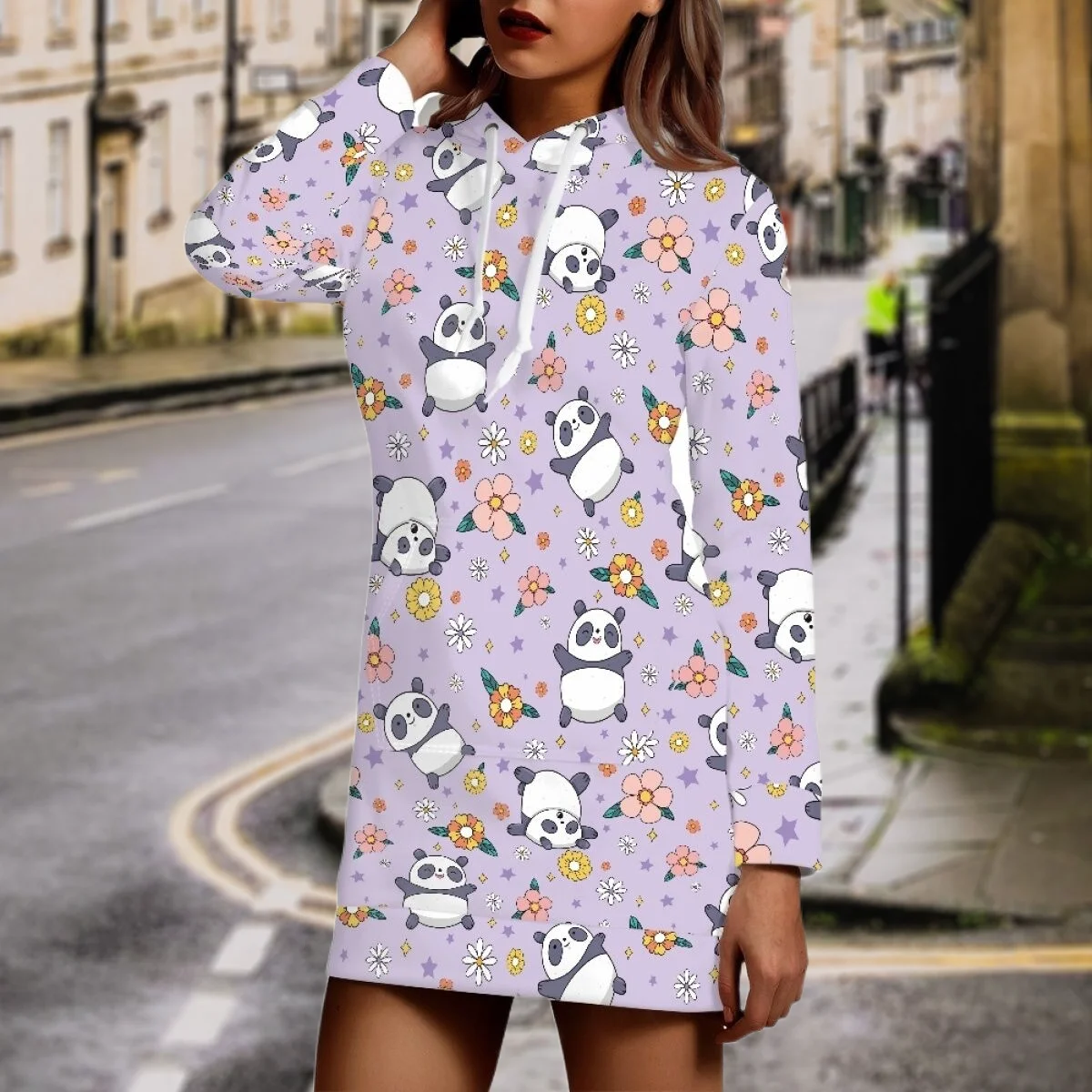 

Panda Print Hoodie Autumn Winter Sweatshirt Dress Women's Fashion Casual Long Streetwear Commuting Skin Friendly Pullover Dress