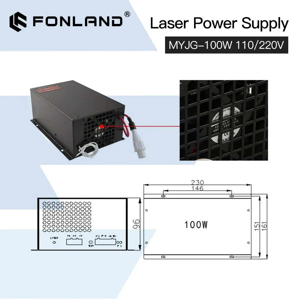 FONLAND-MYJG Laser Power Supply Substituição, gravação a laser CO2 e máquina de corte do tubo, Reci W2 T2 Yongli EFR, 100W