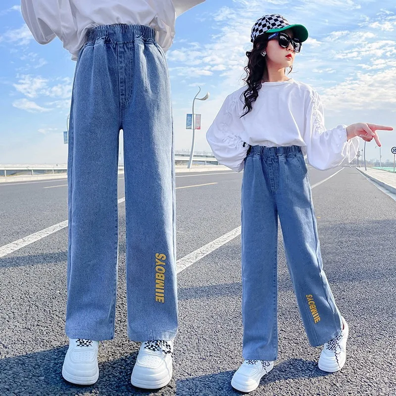 

Teenage Girls Jeans 2022 Spring Summer Fall Casual Fashion Loose Blue Kids Leg Wide Pants School Children Trousers 6 8 10 12Year