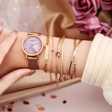 

Quartz Watch Women Bracelet Gift Set Elegant Ladies Rose Gold Strap Pink Dail 6PCS Luxury Gold Bracelet Best Gift Montre Femme
