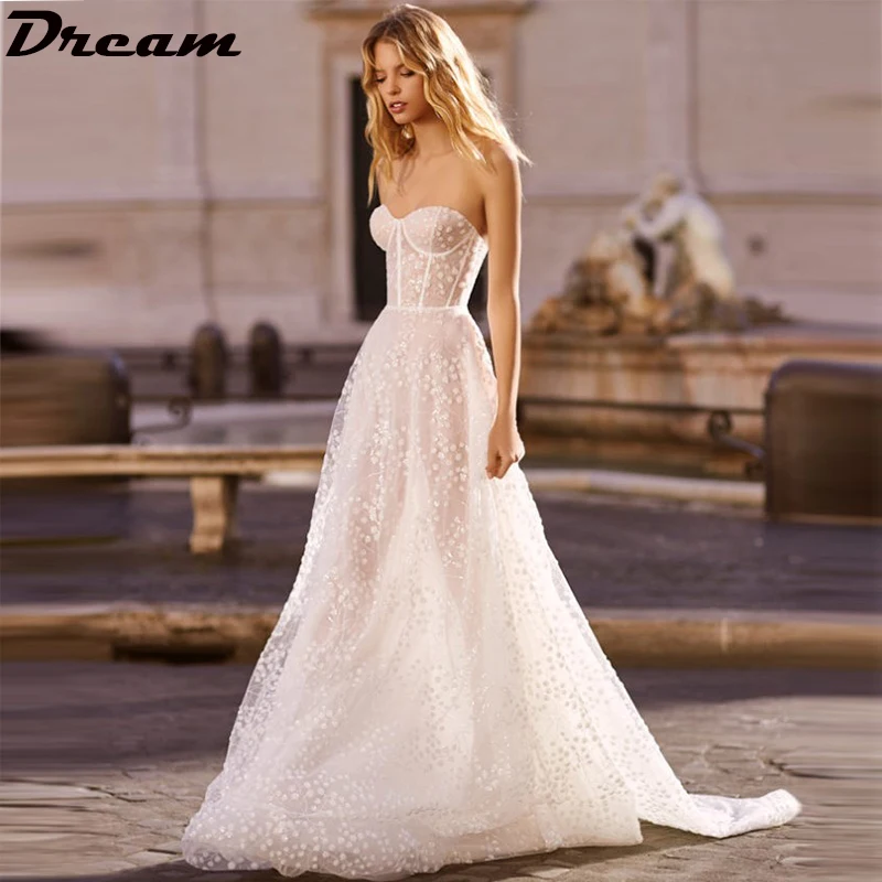 

DREAM Strapleless Lace Appliques Sleeveless Boho Wedding Dress 2022 Sweetheart Floor Length Sleeveless Beach Bridal Gowns