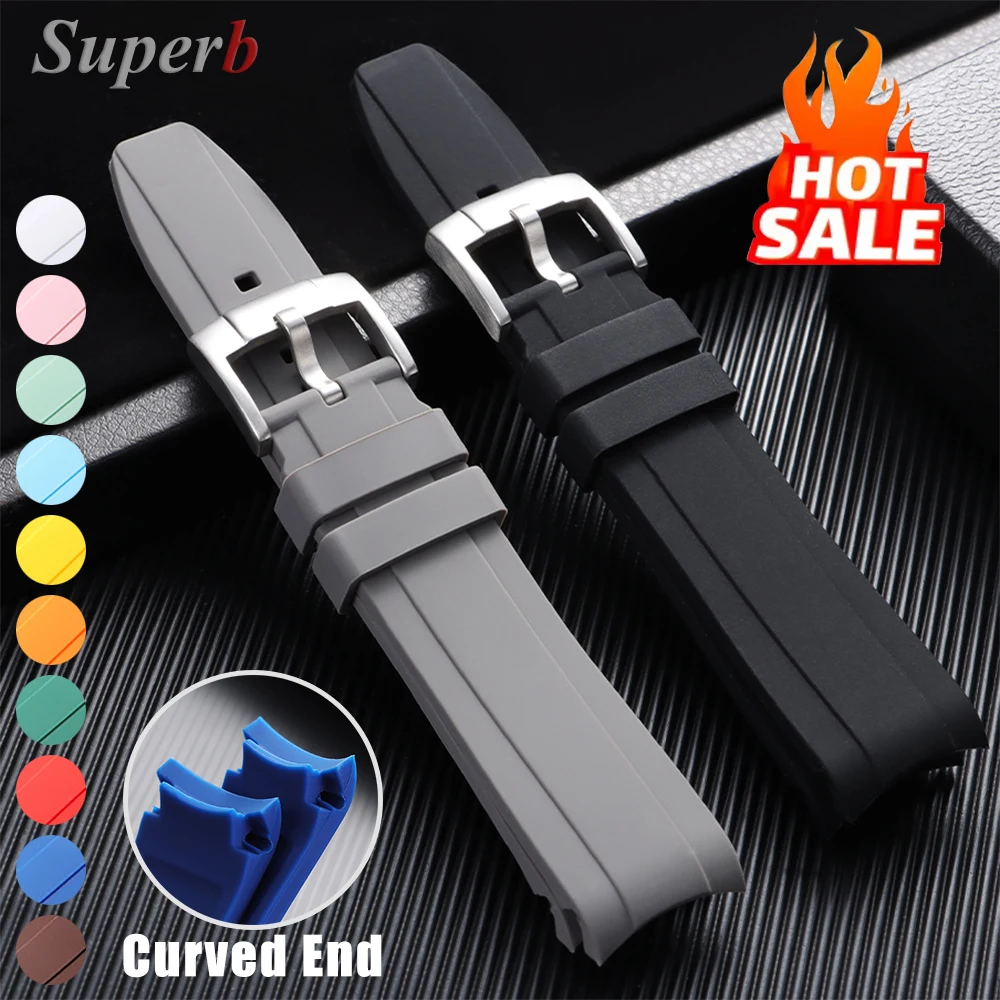 Curved End Silicone Sports Watch Band - Soft, Waterproof Rubber Wristband