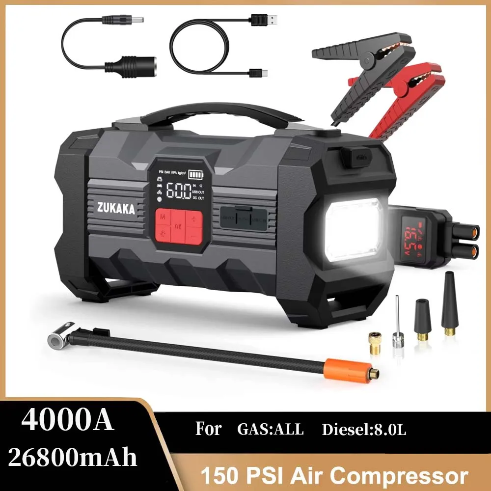 Car Jump Starter 4000A With Air Compressor Power Bank Portable Emergency Battery Booster For Cars