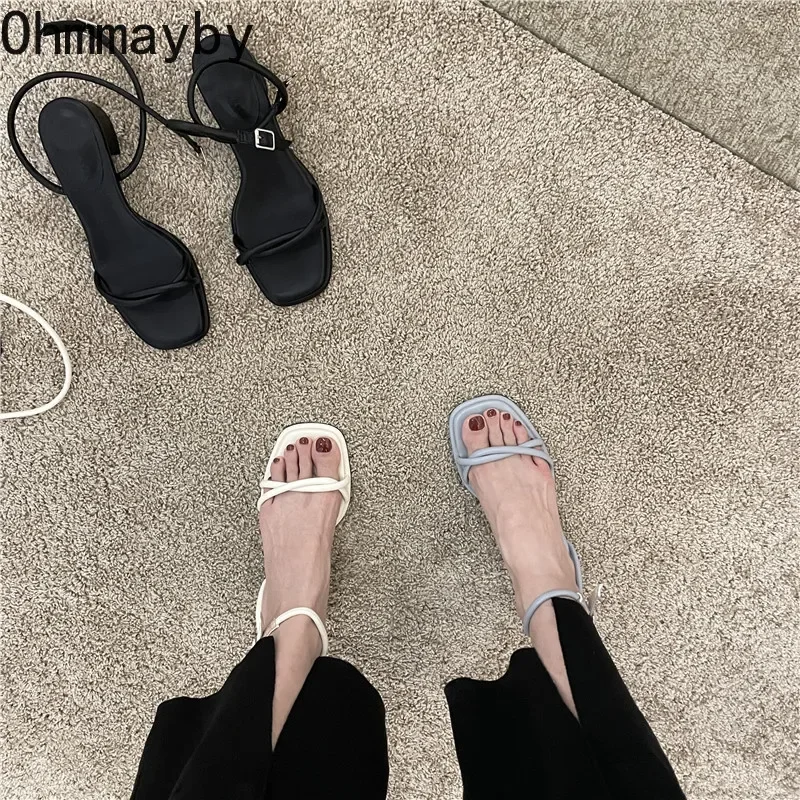 Women Sandals Summer Narrow Band Thick Heel Open Toe Ankle Strap Dress Pumps