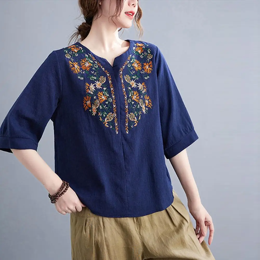 Women Summer Casual Shirt V-Neck Half Sleeve Pullover Tops Embroidery Floral Pattern Loose Fit Cotton Linen Blouse Shirt Blusa