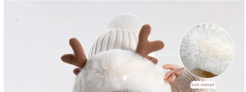 Cappelli invernali caldi lavorati a maglia, da donna, con corna di cervo, due palline, con paraorecchie, in peluche, spessi e soffici, in pelliccia_voghion.com