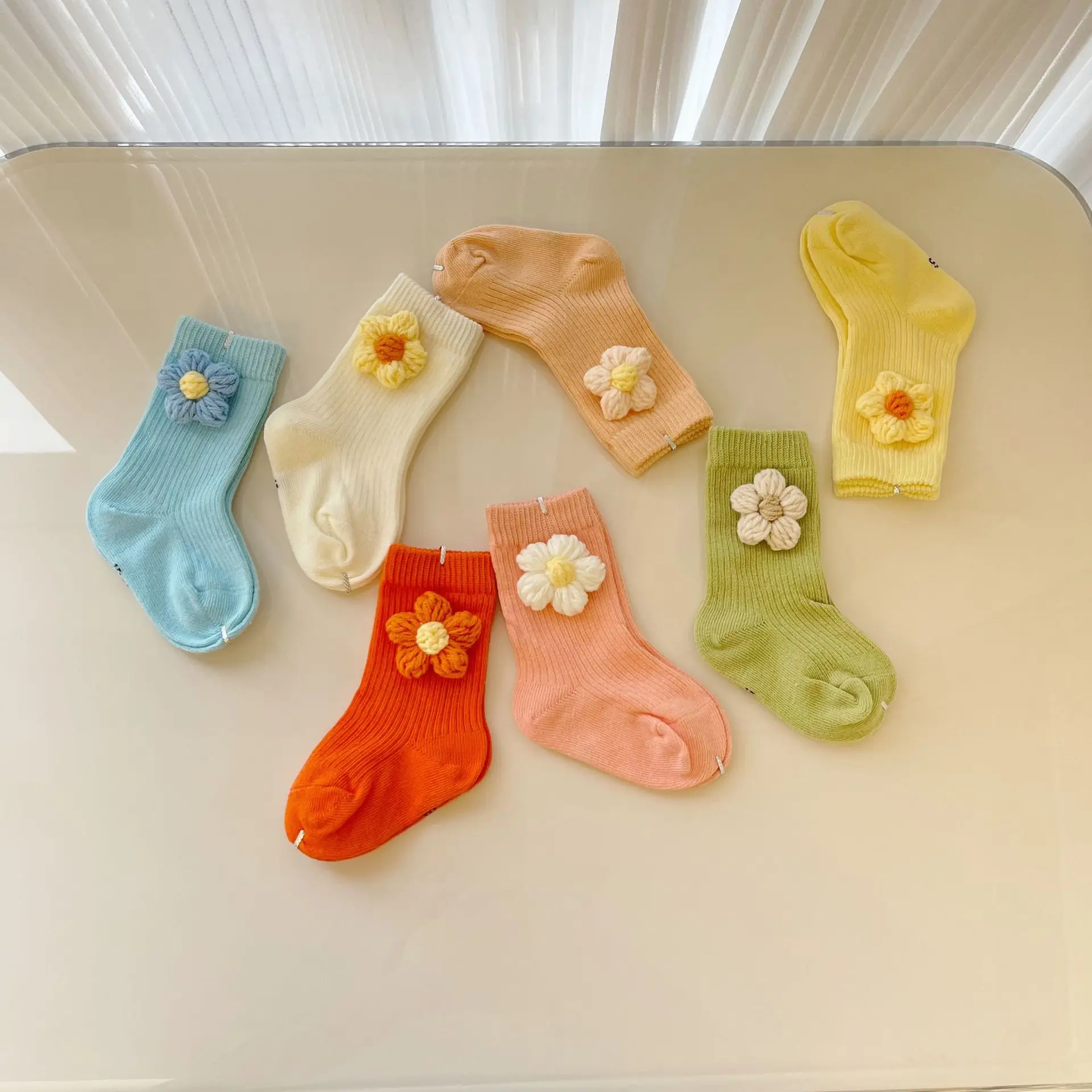 

Korean Cute Baby Handmade Knit Floral Socks Solid Color Middle Tube Kids Cotton Socks Newborn Infant Toddler Socks 0-6years Old