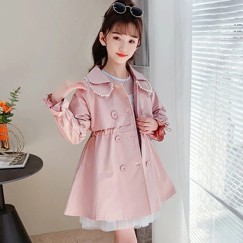 여아용 롱 바람막이 재킷, 한국 스타일 트렌치 코트, 어린이 겉옷, 4-14 세 패션, 2024 용수철 가을 신상