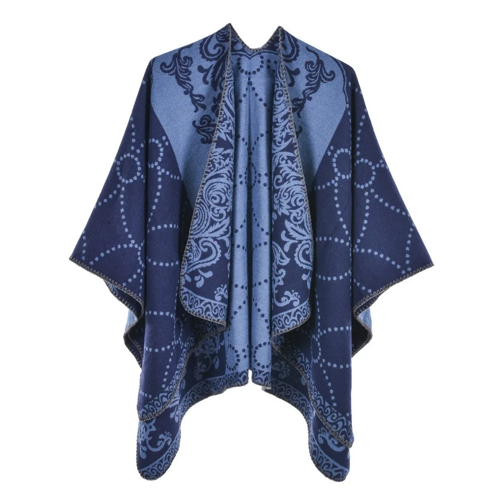 

Autumn Winter Double Faced Double sided Split Warm Cape Women Imitation Cashmere Poncho Lady Capes Blue Cloaks