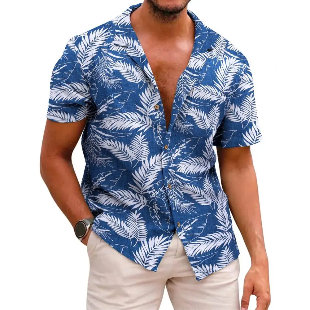 

Men Summer Lapel Short Sleeve Shirt Top Leaves Print Single-Breasted Thin Hawaiian Beach Casual Shirt Streetwear