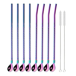 Premium Reusable Stainless Steel Straw Spoon Set - Eco-Friendly Drinking Accessories with Cleaning Brush (Rainbow)