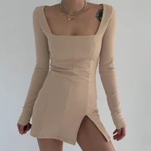 

Women's Dress Square Collar Bodycon Long Sleeve Dress Short Sweater Dress Female Knitted Dress