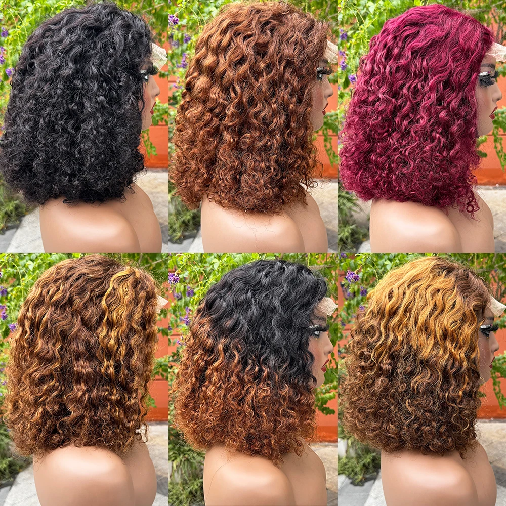Short Bob Water Wave Human Hair Wigs 4x4 Transparent Lace Closure Wig 250% Density Curly Wavy Remy Hair Wig for Black Women 2