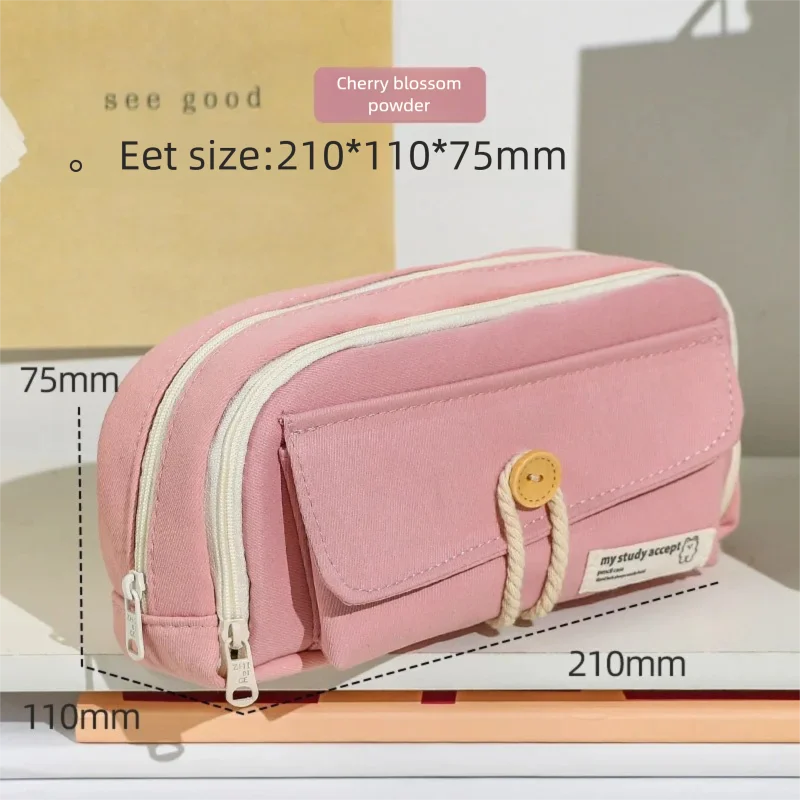 고급스러운 디자인의 버튼 캔버스 필통 다기능 대용량 학생용 수납 펜 가방 여학생 화장품 여행용 핸드백